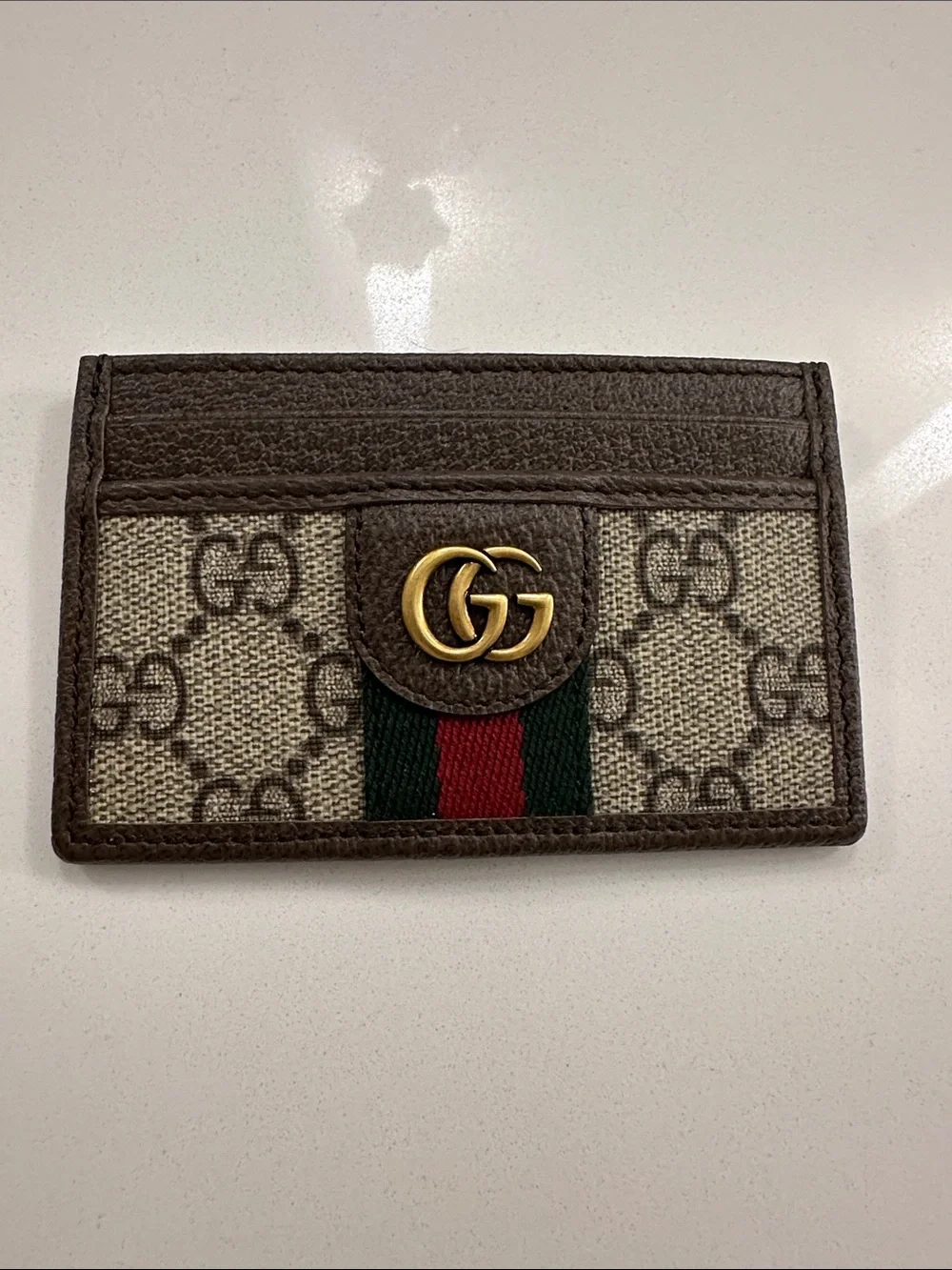 Gucci Beige GG Canvas Card Holder with Brown Leather and Red-Green Web